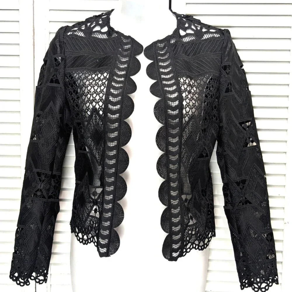SOLDTed Baker London Black Lace Jacket Blazer Size 0 Open Sheer Dalmy Cropped - Picture 2 of 16